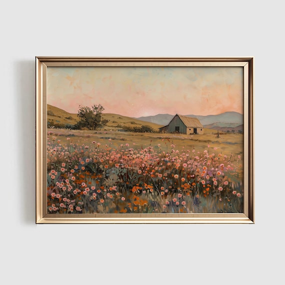 Fall Landscape Art Print, Pink Farmhouse Decor