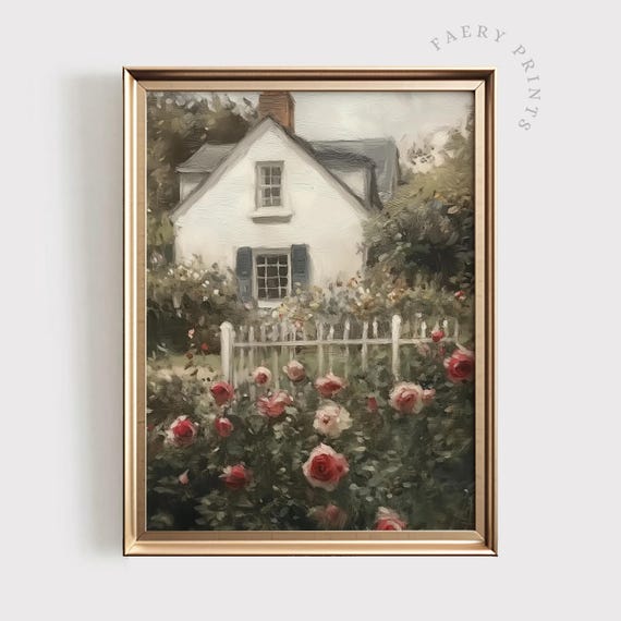 English Garden Cottage Vintage Art Print