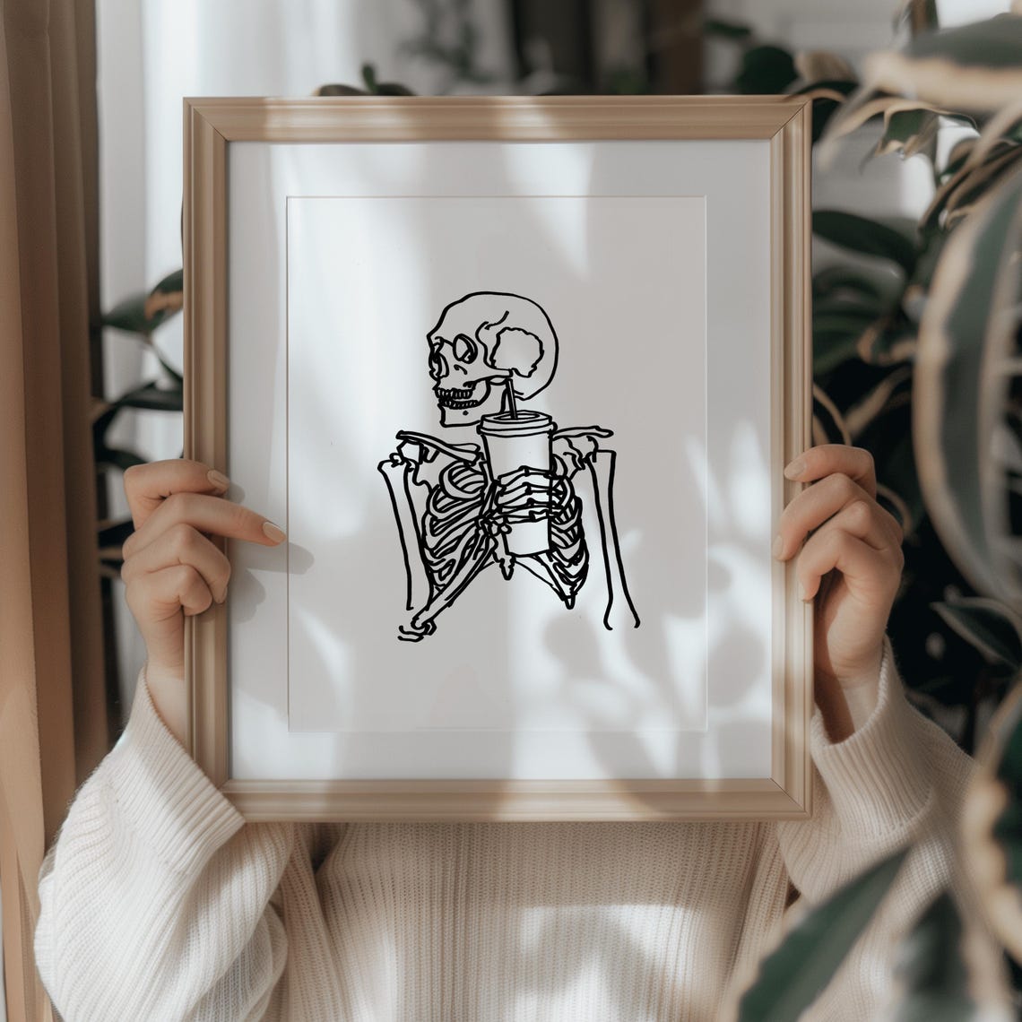 Skeleton Drinking Coffee with Straw Funny Halloween Line Art Poster - Image 3
