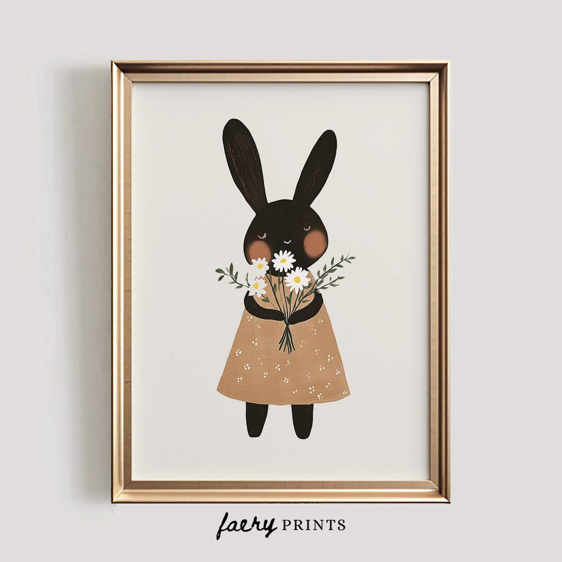 Black Bunny in Brown Dress Holding Daisy Bouquet Nursery Art Poster - Image 5
