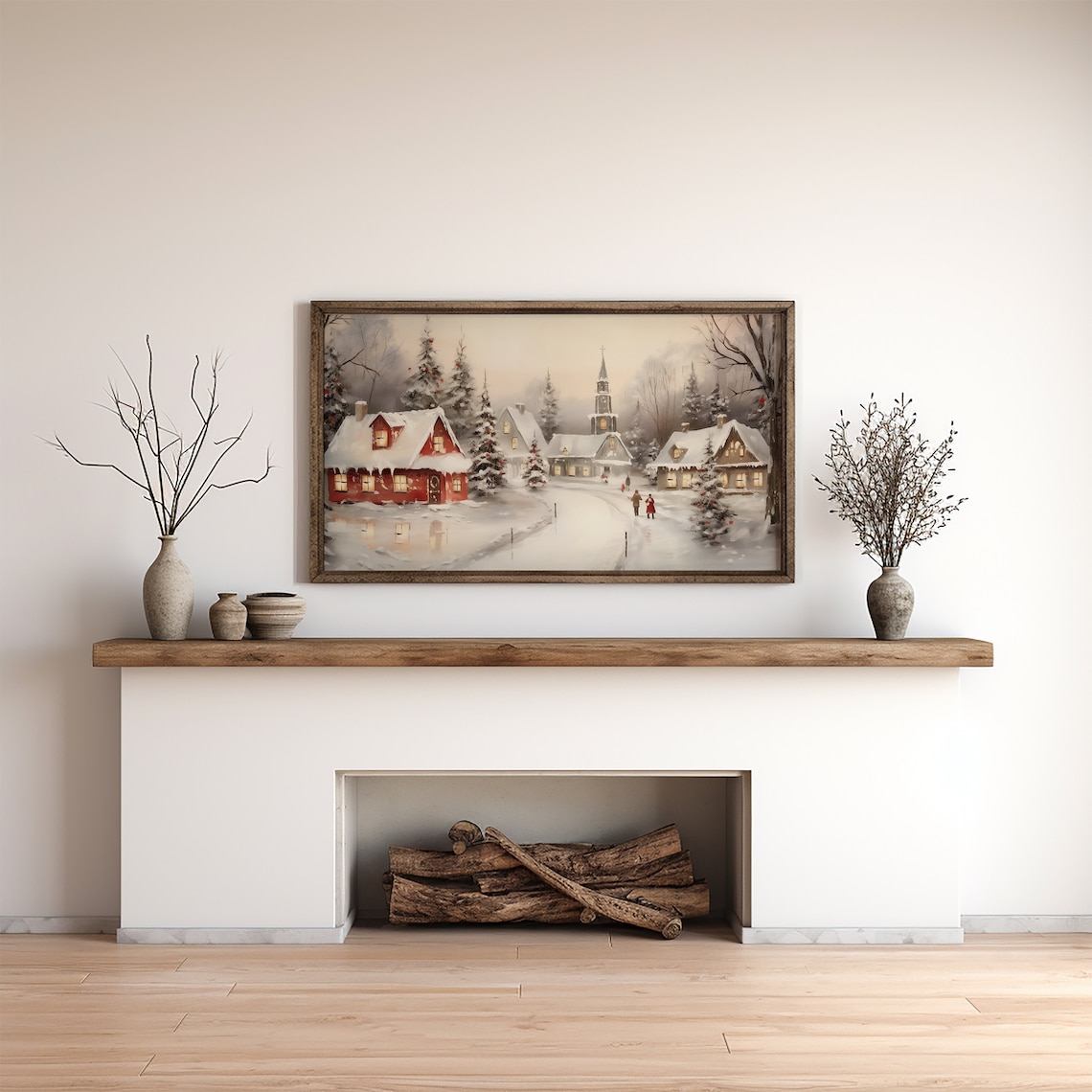 Winter Village Christmas Art Print, Cozy Holiday Scene