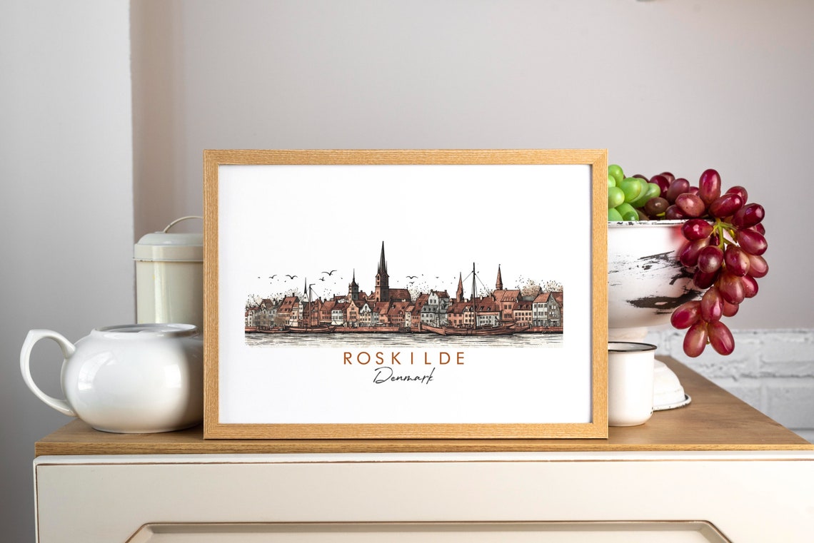 Roskilde Denmark Harbor Sailboats Cathedral Spires Ink Poster - Image 3