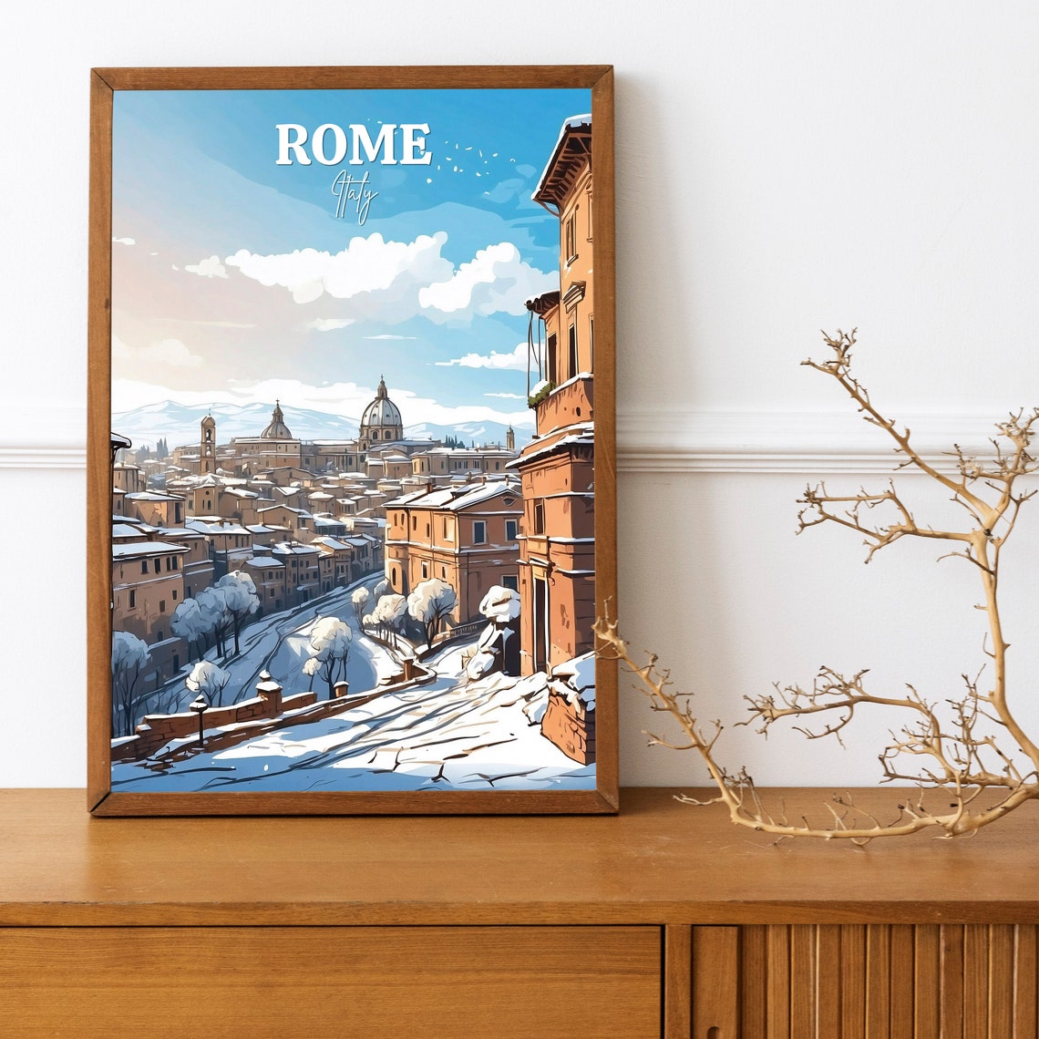 Rome Italy Snowy Rooftops Winter City Travel Scene Art Poster Decor - Image 3