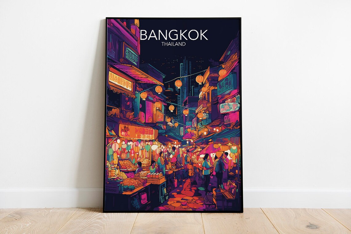 Bangkok Night Market Lanterns Neon Street Thailand Travel Poster
