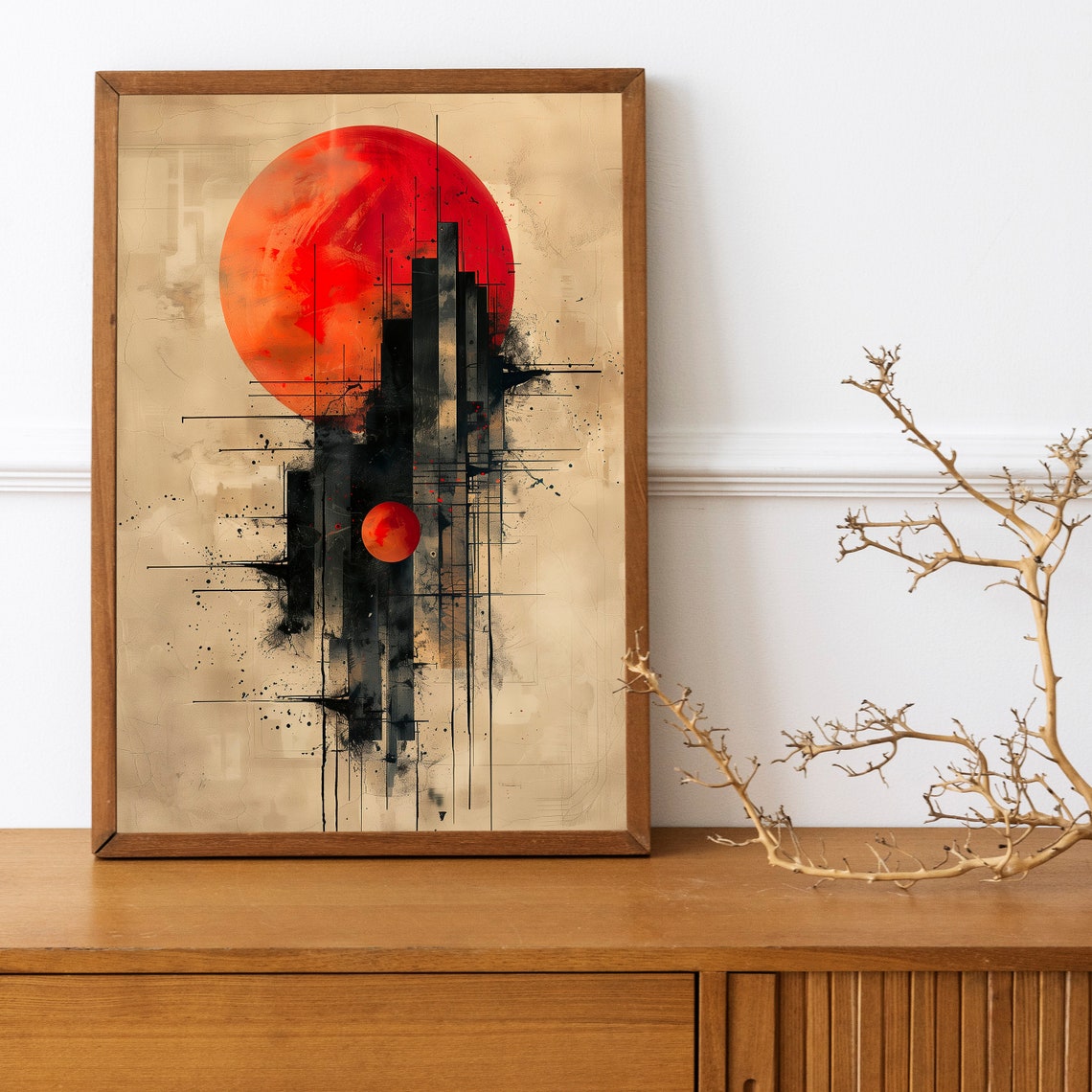 Red Sun Black Abstract City Skyline Minimalist Boho Art Print - Image 3