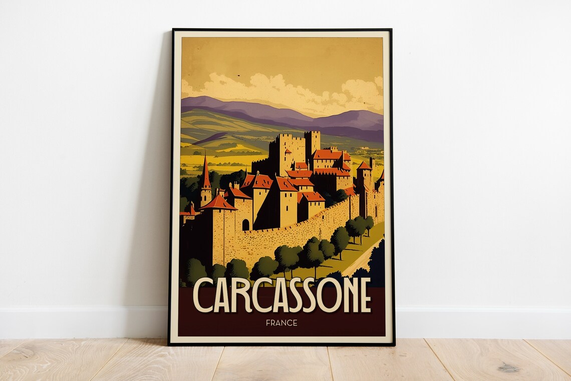 Carcassonne France Medieval Walled Citadel Vintage Travel Poster