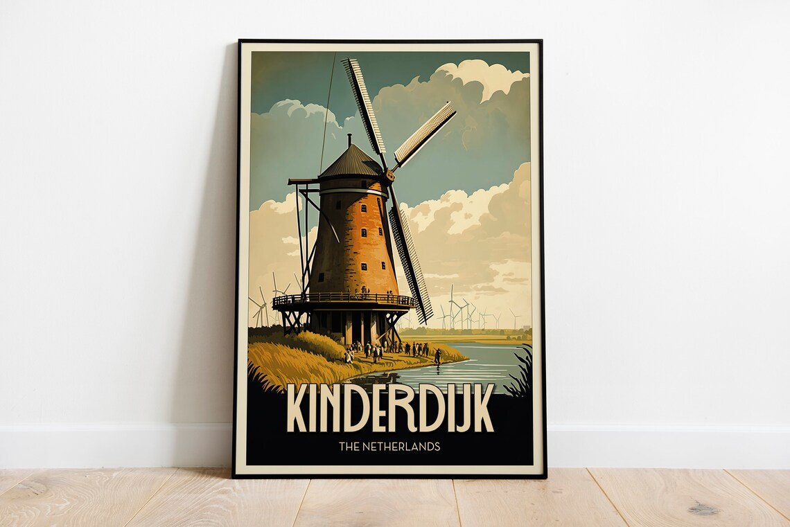 Kinderdijk Netherlands Historic Windmill Canal Vintage Travel Poster