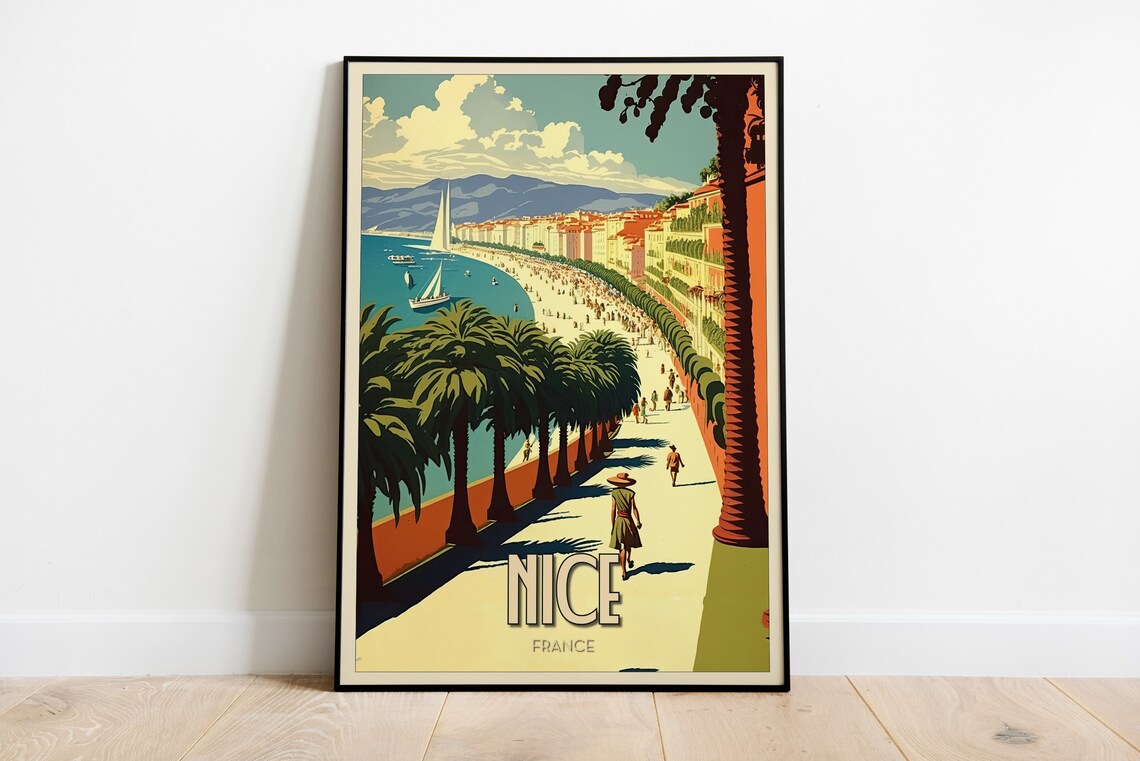 Nice France Riviera Promenade Palm Beach Vintage Travel Poster