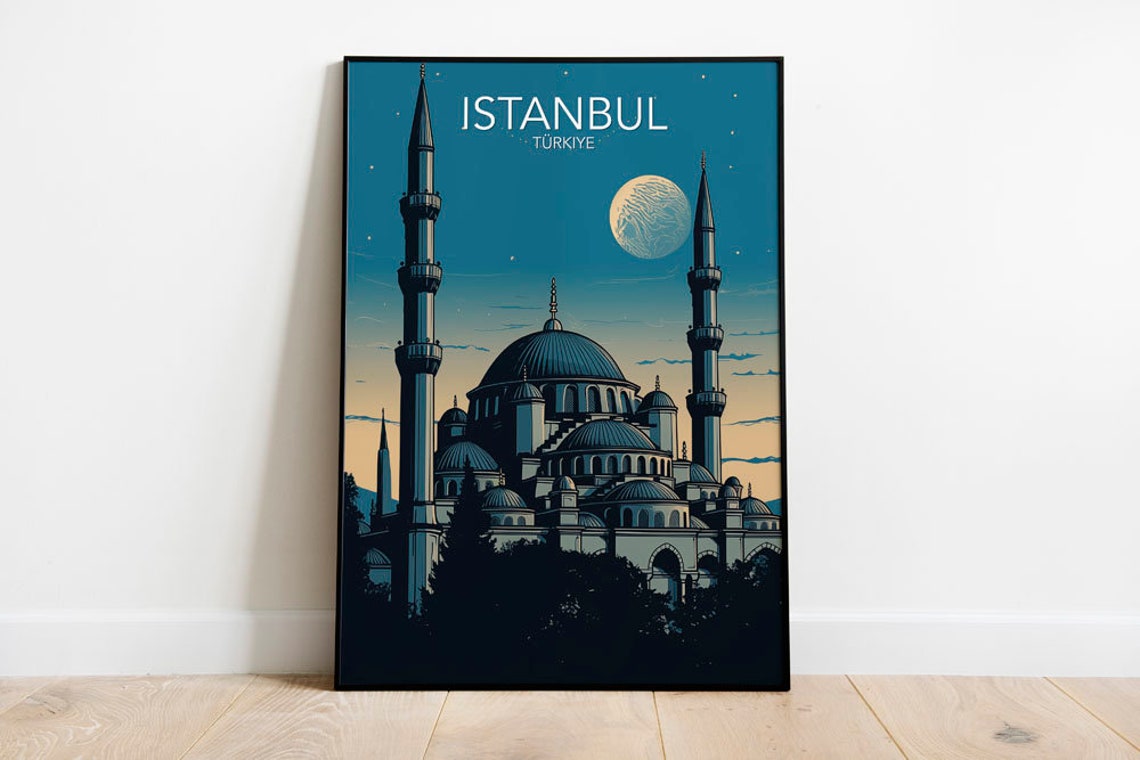 Istanbul Blue Mosque Moonlit Minarets Türkiye Vintage Travel Poster