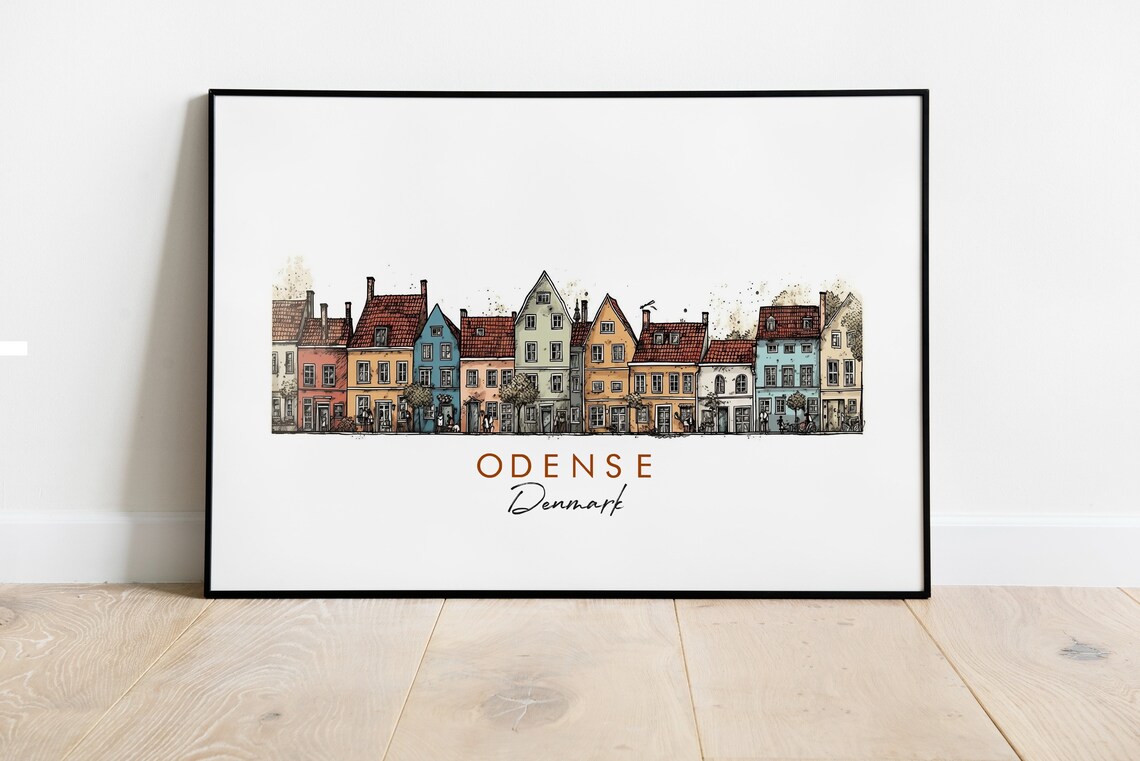 Odense Denmark Colorful Old Town Street Houses Ink Art Poster