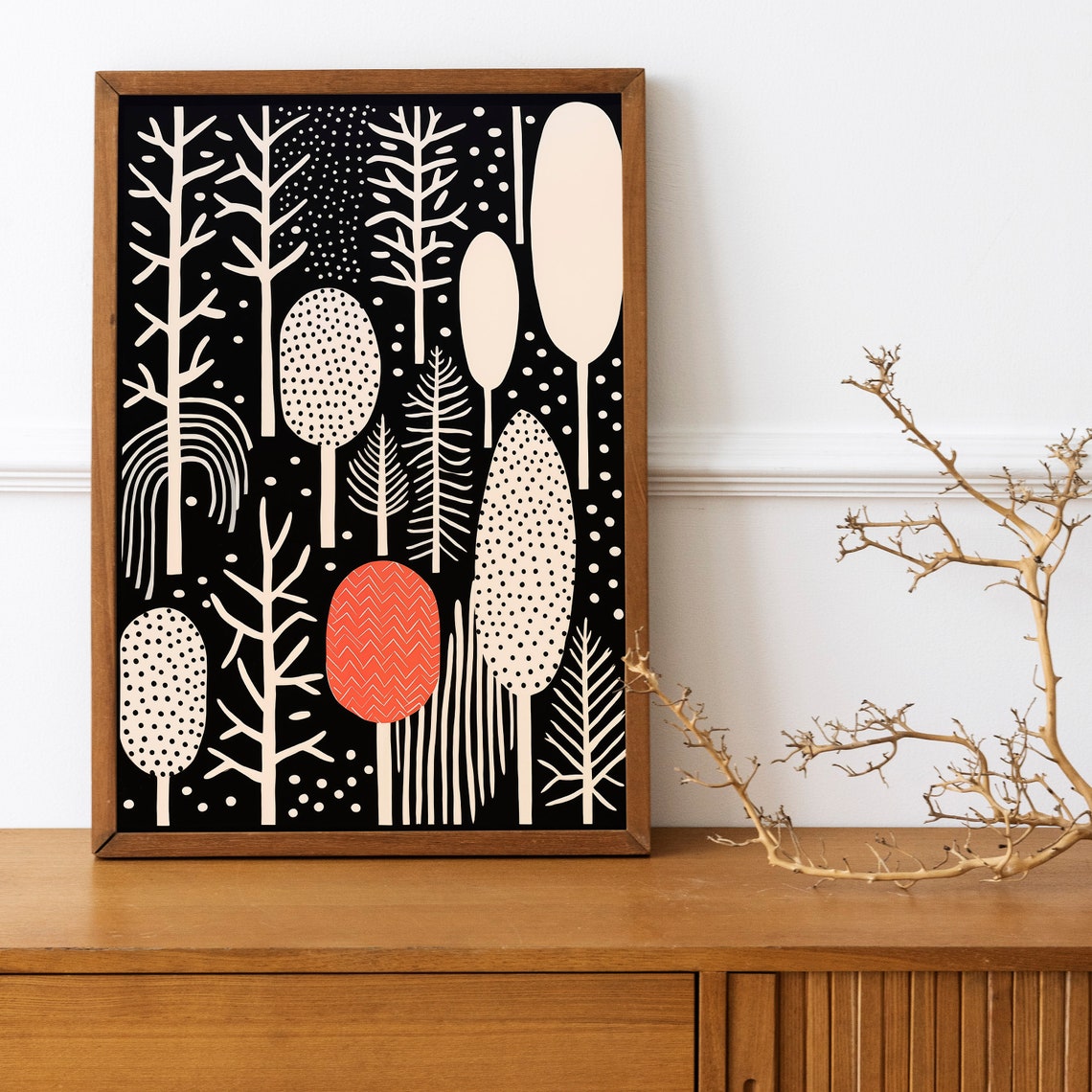 Black White Forest Trees Coral Accent Minimalist Boho Art Print - Image 3