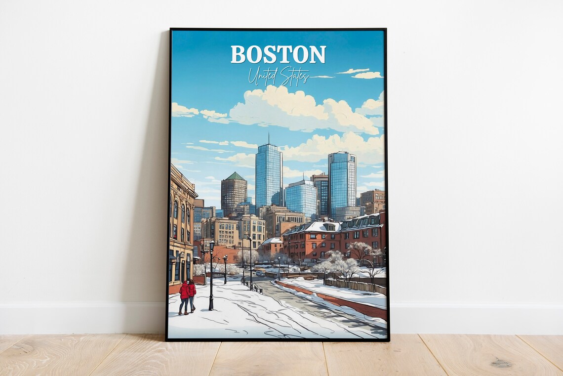 Boston United States Snowy Winter Street Downtown Skyline Poster