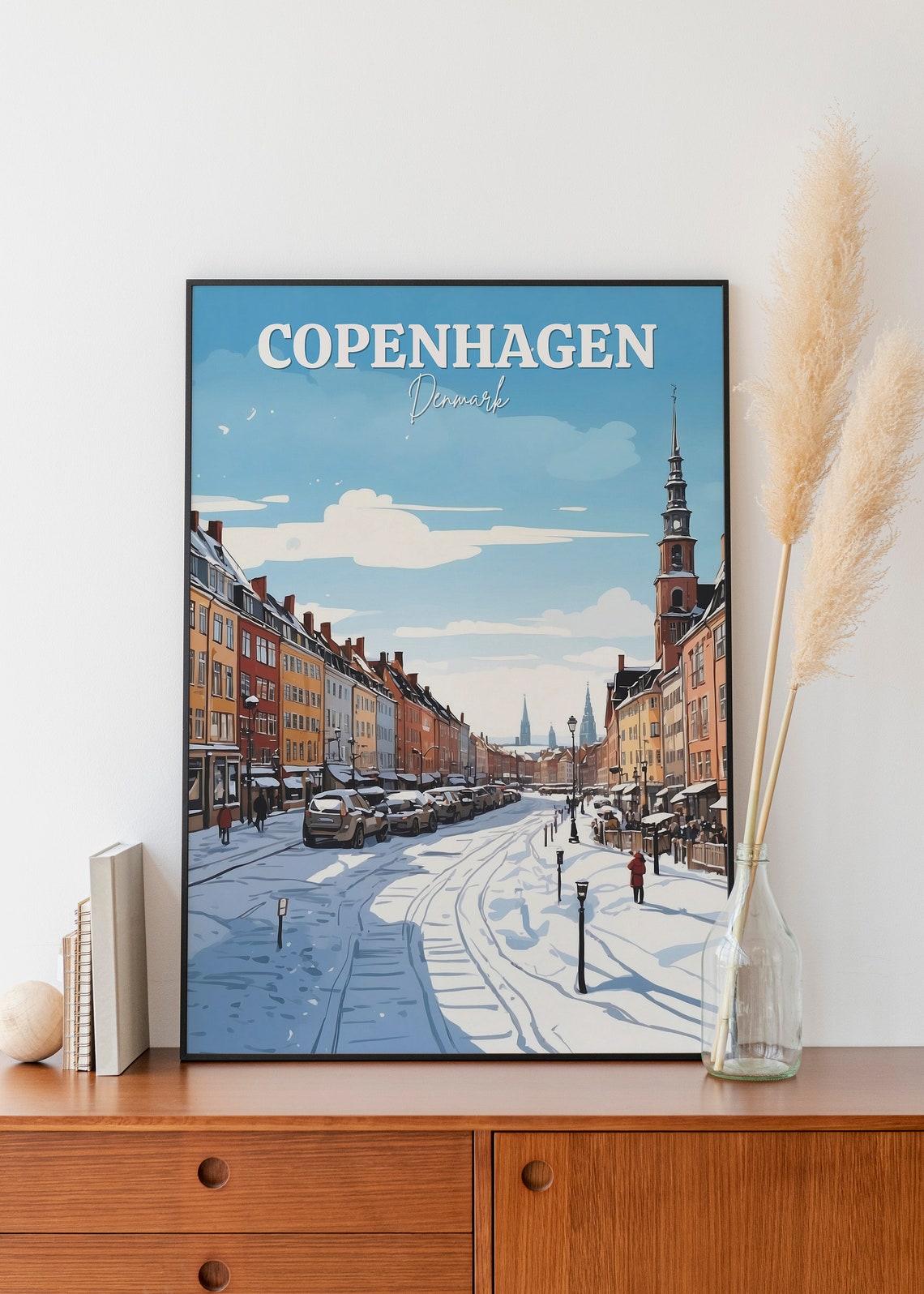 Copenhagen Denmark Snowy Winter Street Colorful Houses Poster - Image 2