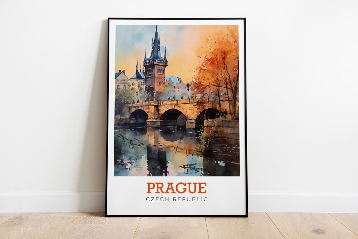 Prague Czech Republic Stone Bridge Sunset Watercolor Europe Poster - Image 2