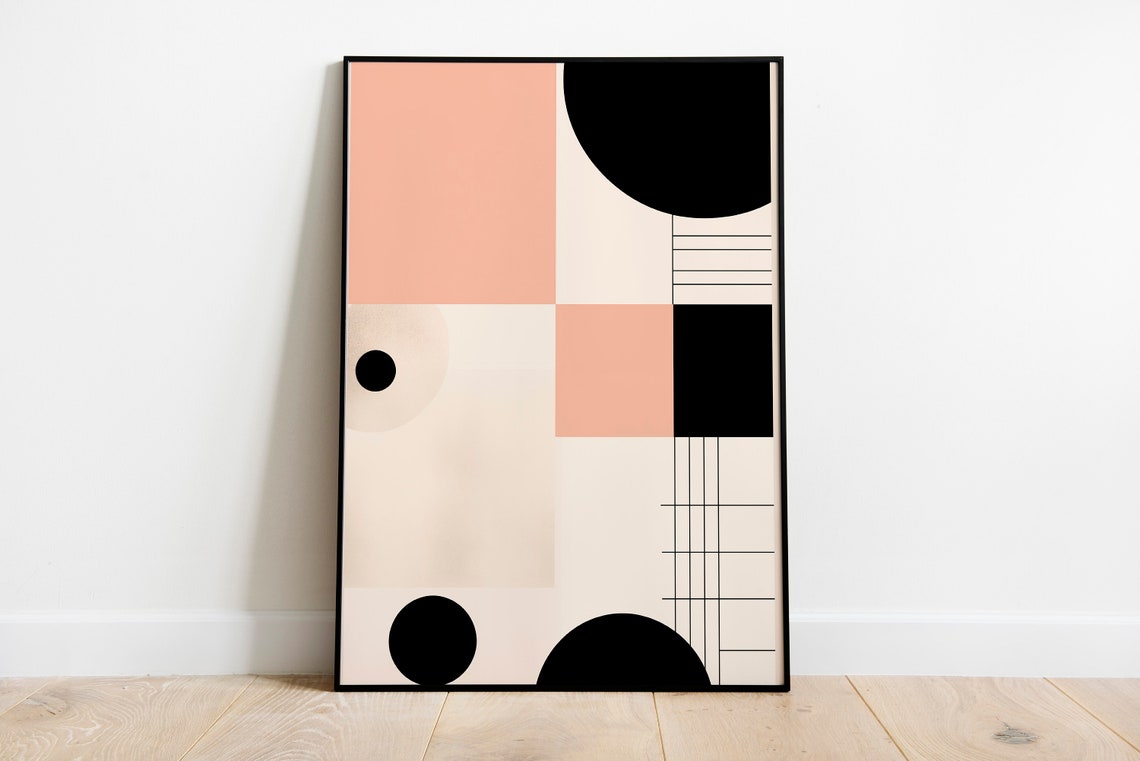 Blush Pink Black Geometric Grid Minimalist Boho Abstract Art Print - Image 2