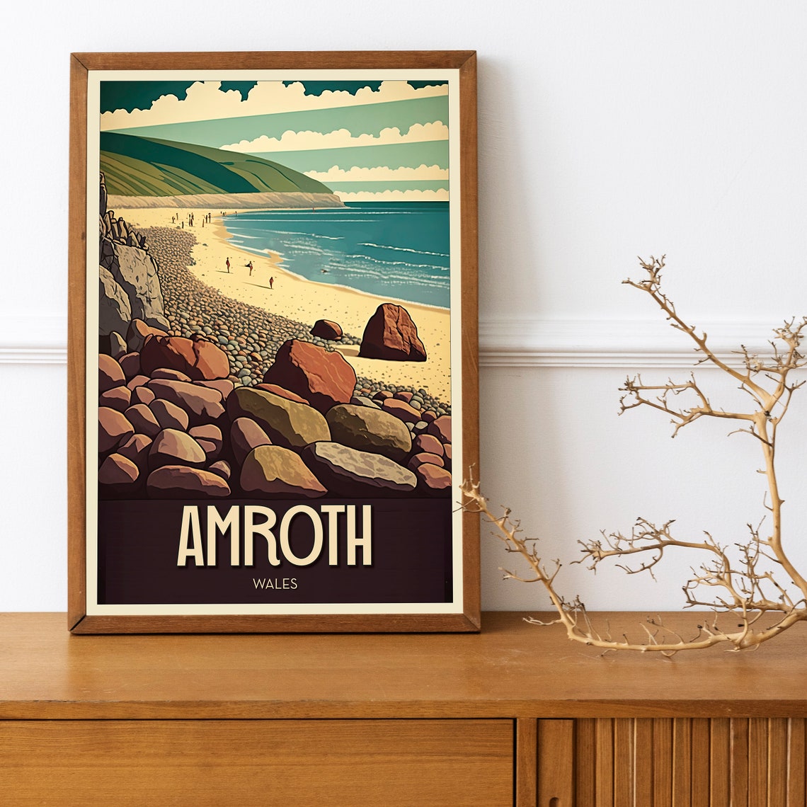 Amroth Wales Rocky Beach Golden Cliffs Vintage Travel Poster