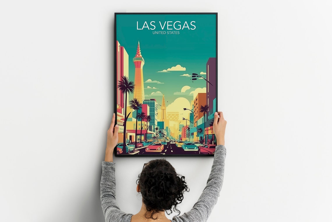 Las Vegas Nevada Retro Strip Skyline Sunset Scene Art Poster - Image 2