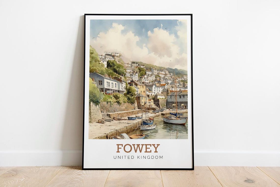 Fowey Harbor Cornwall England Watercolor Coast Town Travel Poster