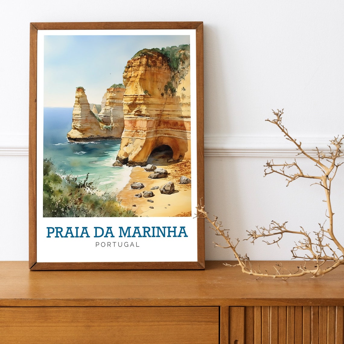 Praia Da Marinha Portugal Golden Sea Cliffs Watercolor Art Poster - Image 3