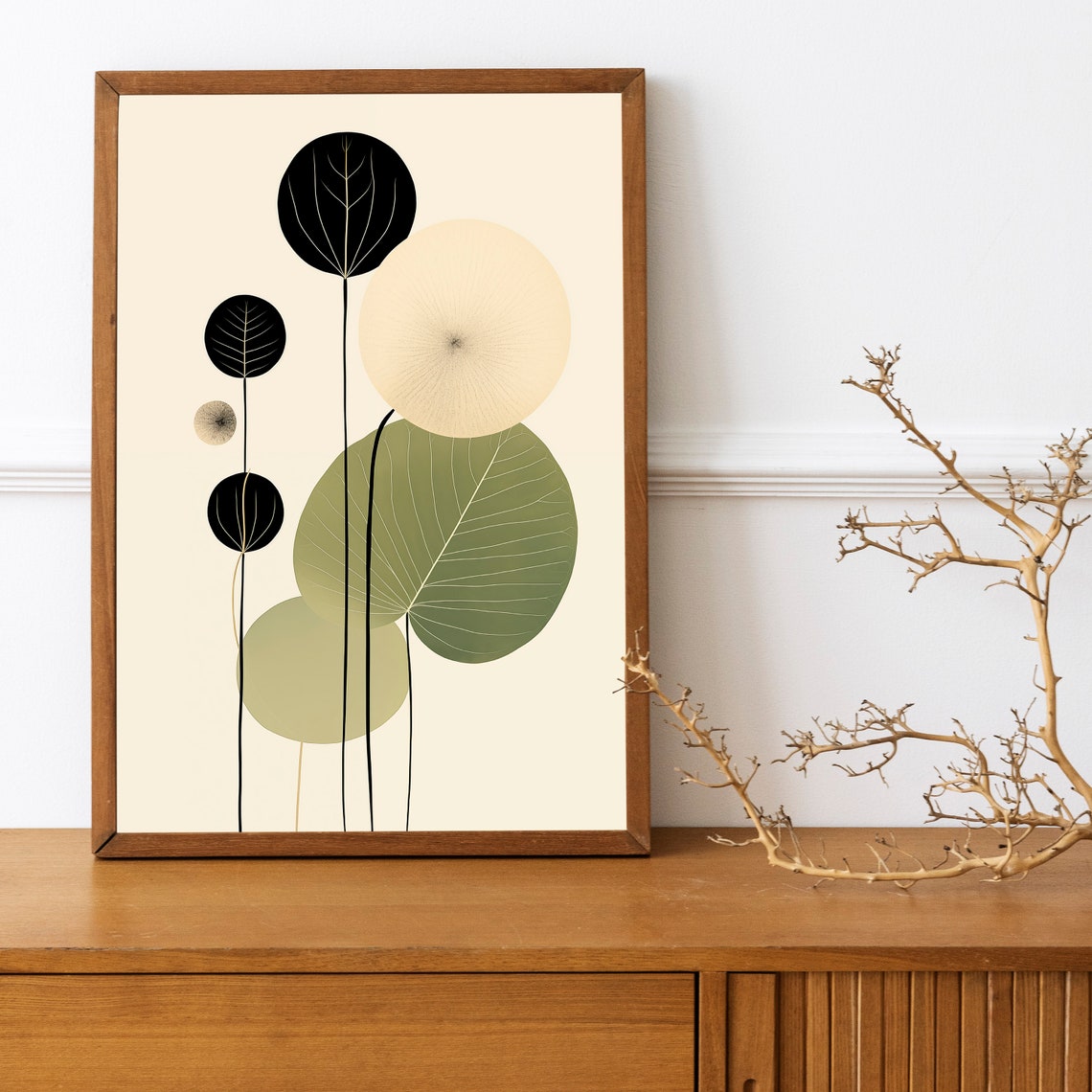 Minimalist Black Sage Green Leaves Japandi Botanical Art Print - Image 3