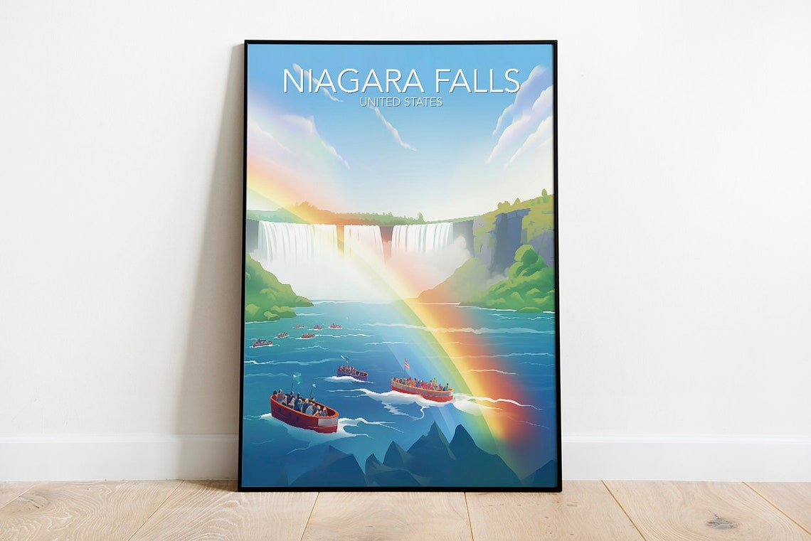 Niagara Falls Rainbow Waterfall Boats United States Travel Poster