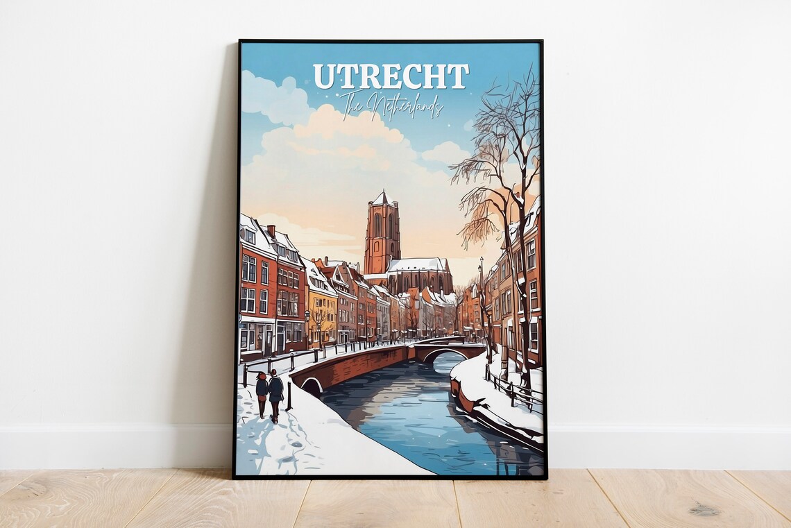 Utrecht Netherlands Snowy Canal Winter City Travel Scene Art Poster