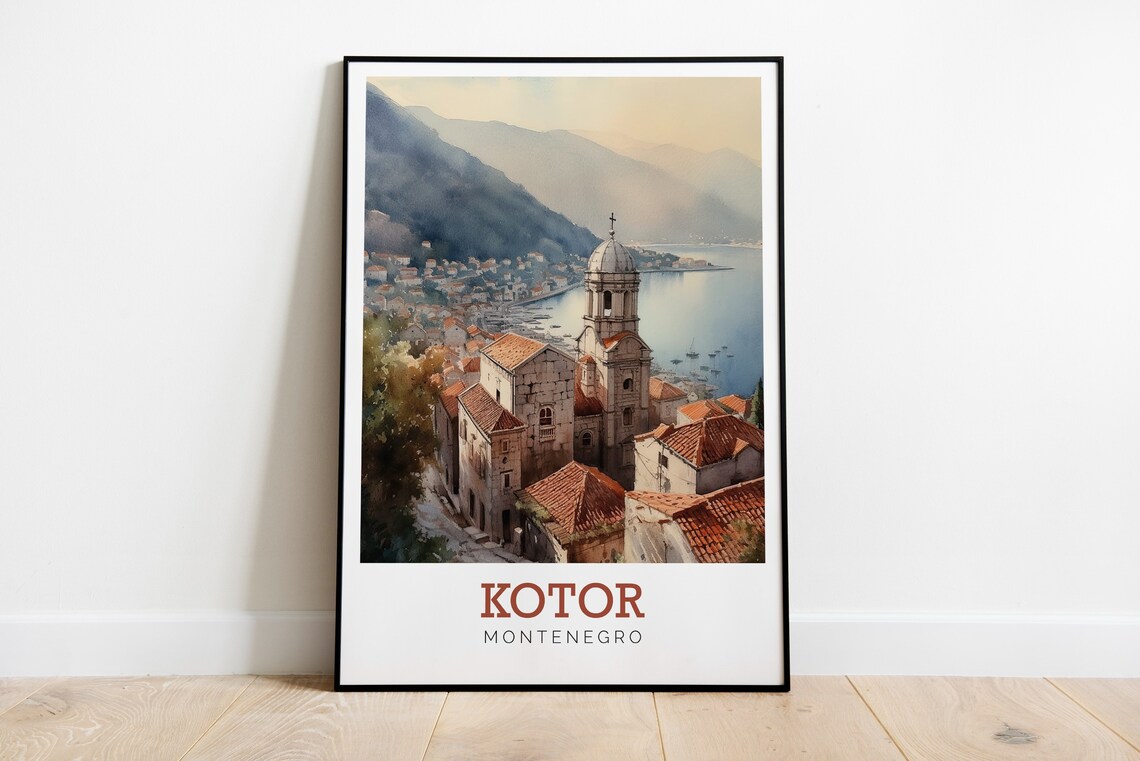 Kotor Montenegro Scenic Bay Old Town Bell Tower Watercolor Poster - Image 2