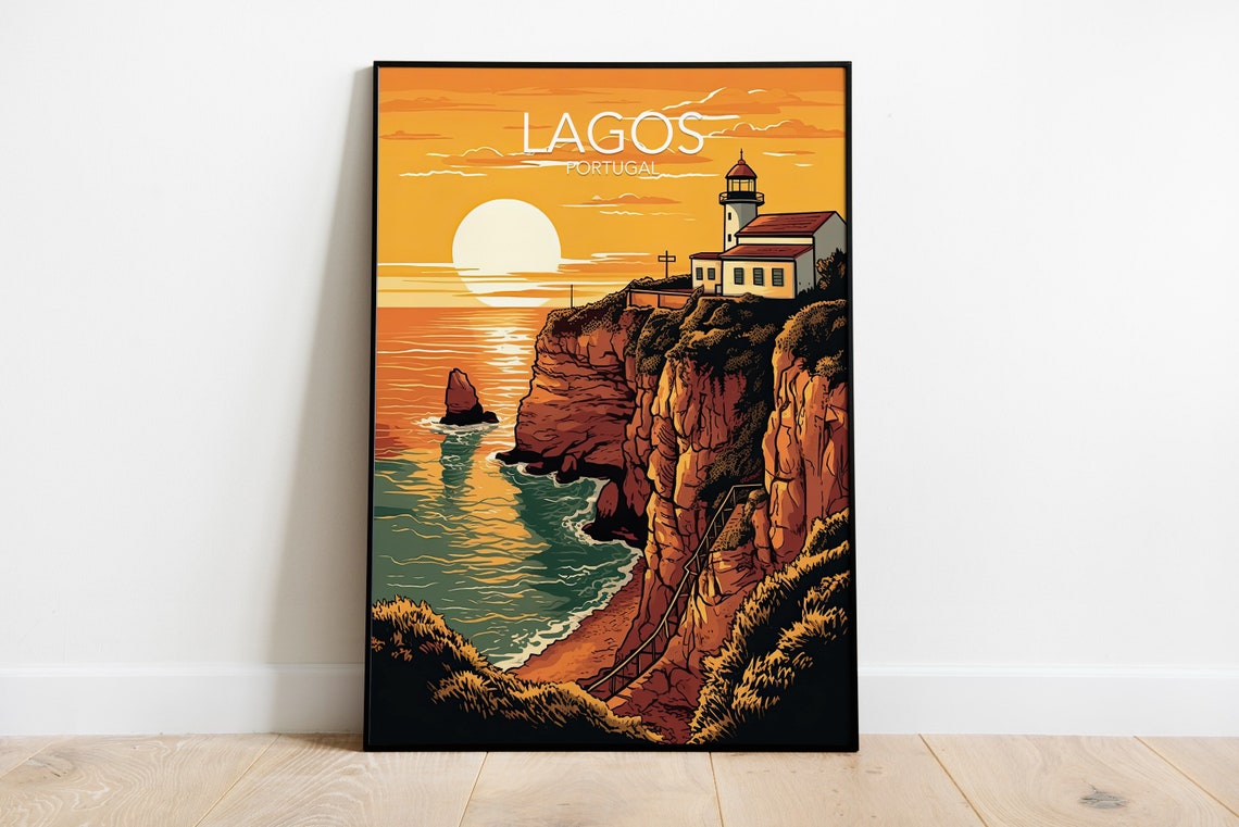 Lagos Portugal Lighthouse Cliffs Sunset Modern Travel Poster