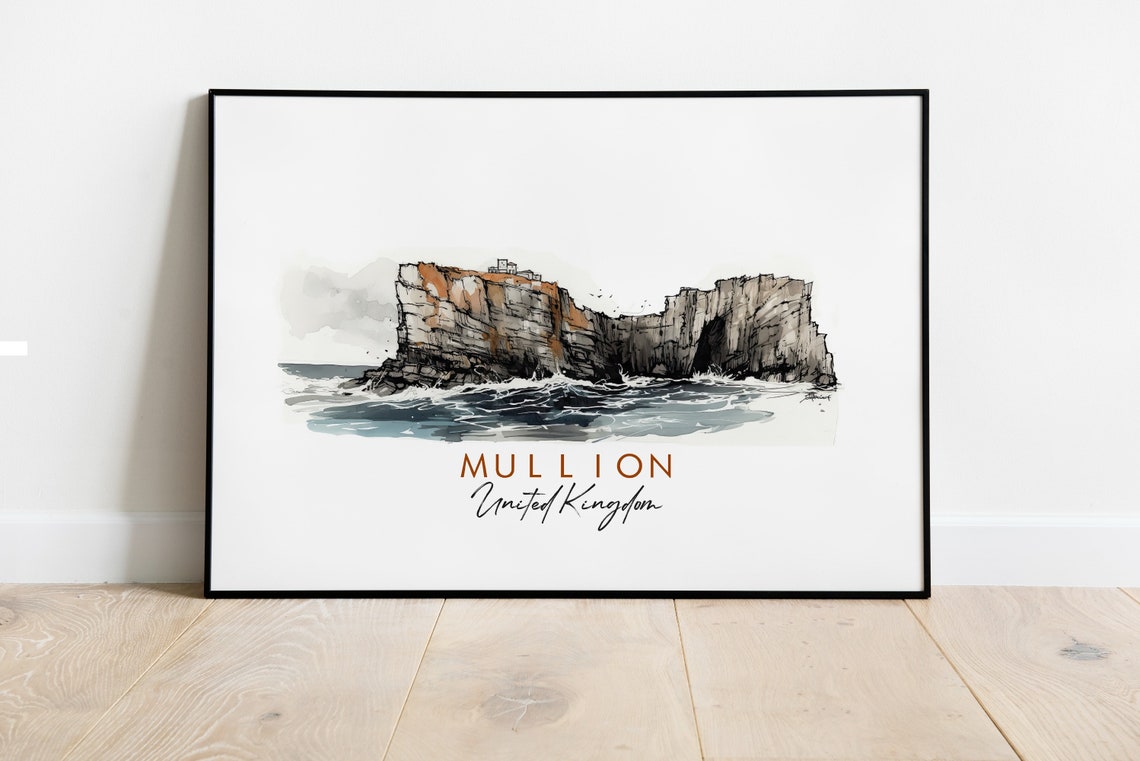 Mullion United Kingdom Sea Cliffs Waves Ink Sketch Art Poster