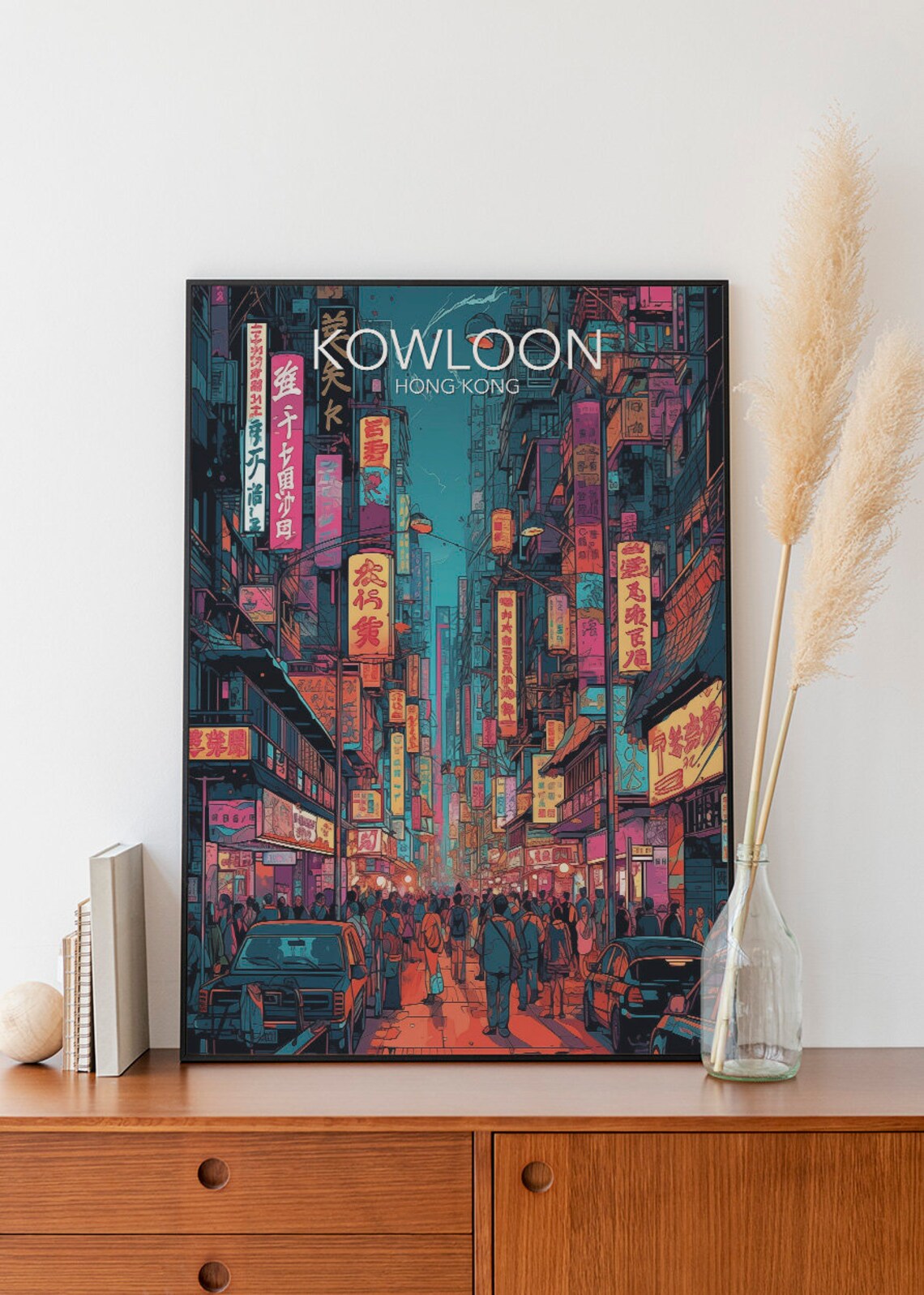 Kowloon Neon Street Night Market Hong Kong Vintage Travel Poster - Image 2