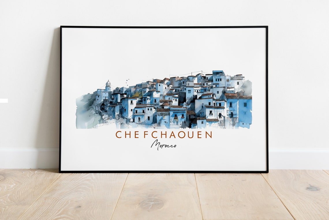 Chefchaouen Morocco Blue City Medina Watercolor Ink Art Poster