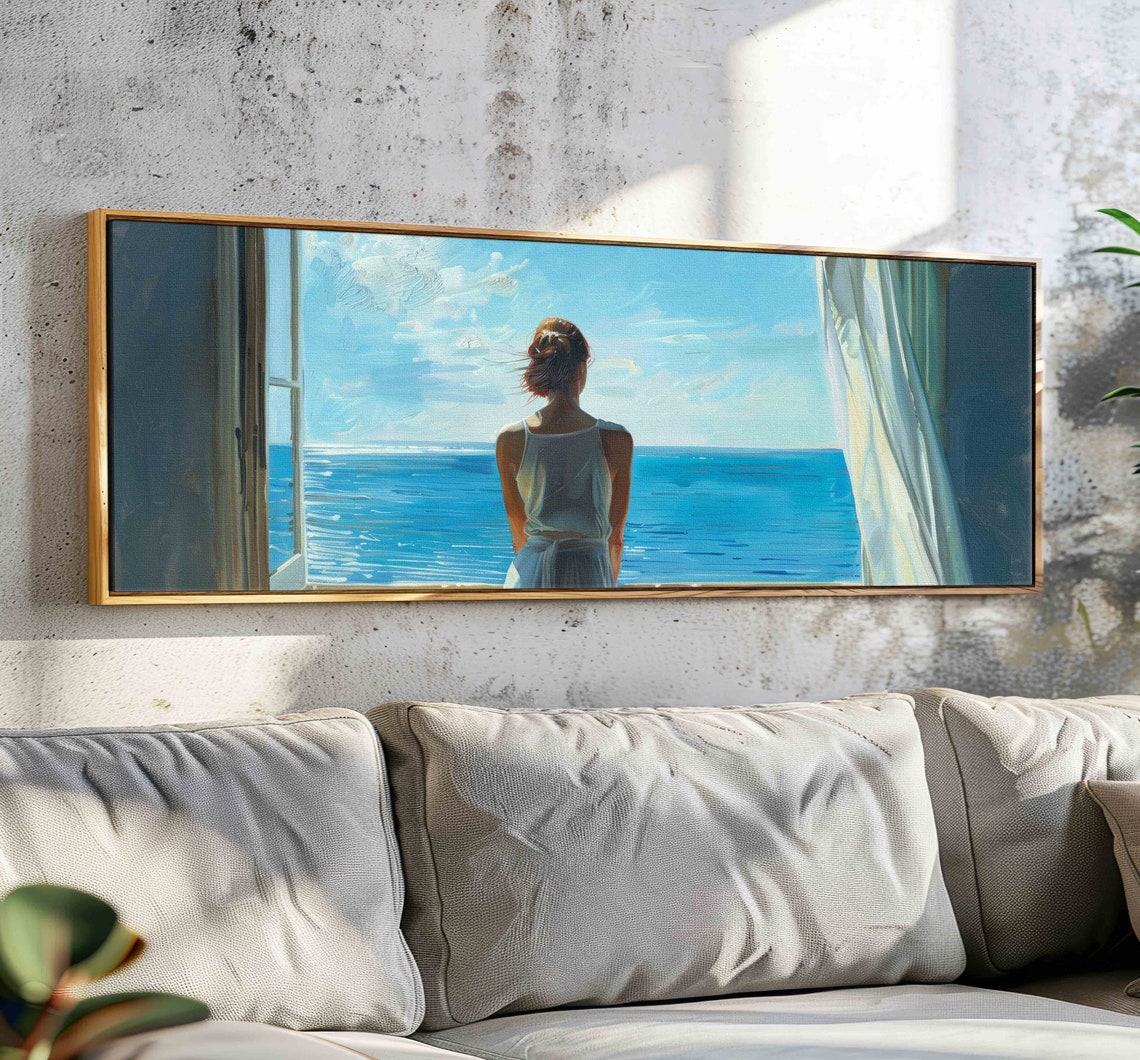 Woman Gazing at Blue Ocean From Open Window Serene Coastal Wall Art