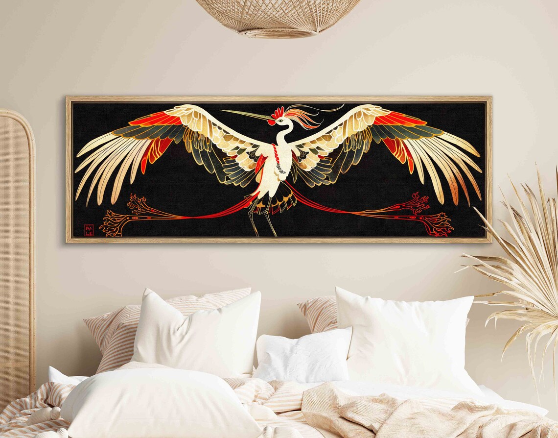 Art Nouveau White Crane Spread Wings Black Gold Decorative Wall Art - Image 2