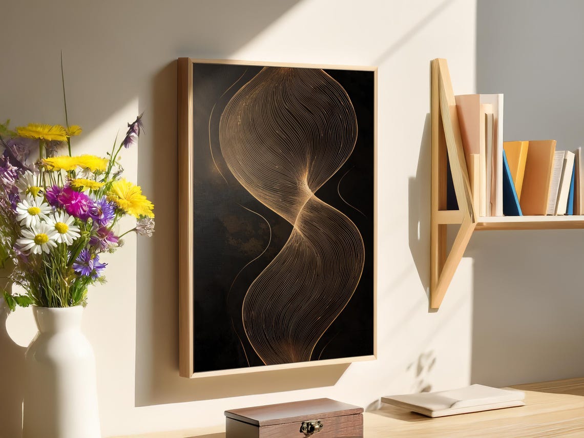 Gold Twisted Lines Black Abstract Vertical Minimalist Line Art Poster - Image 2