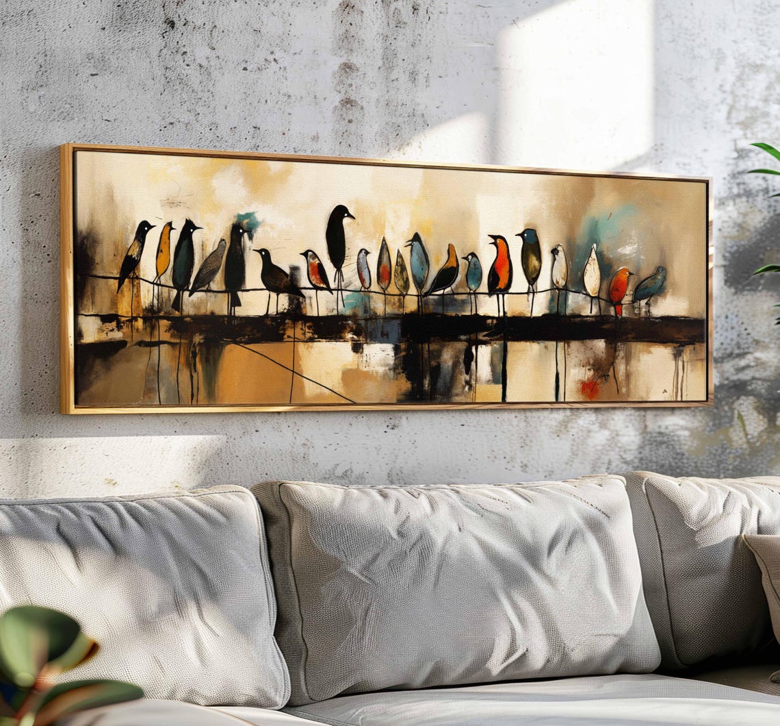 Colorful Birds On Wire Flock Abstract Warm Tones Panoramic Art Print