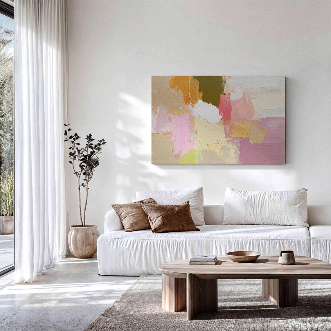 Pastel Abstract Textured Brushwork Pink Yellow Cream Modern Wall Art - Image 3