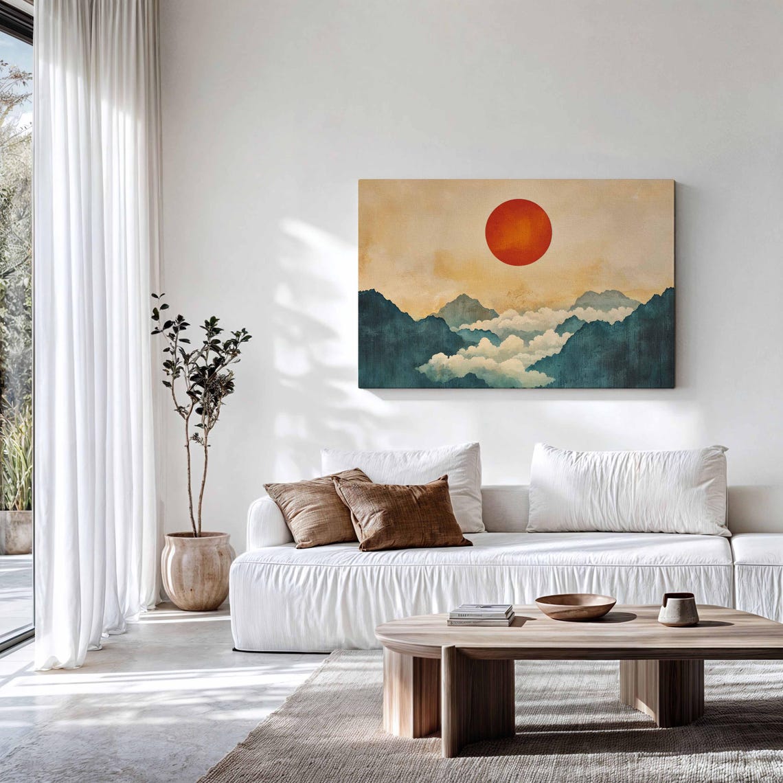 Japanese Red Sun Over Teal Mountain Ridges Clouds Asian Style Wall Art - Image 3