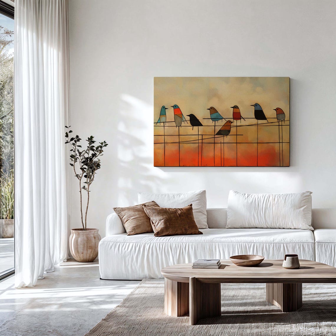 Seven Stylized Birds On Wire Sunset Tones Mid Century Framed Art Print - Image 3