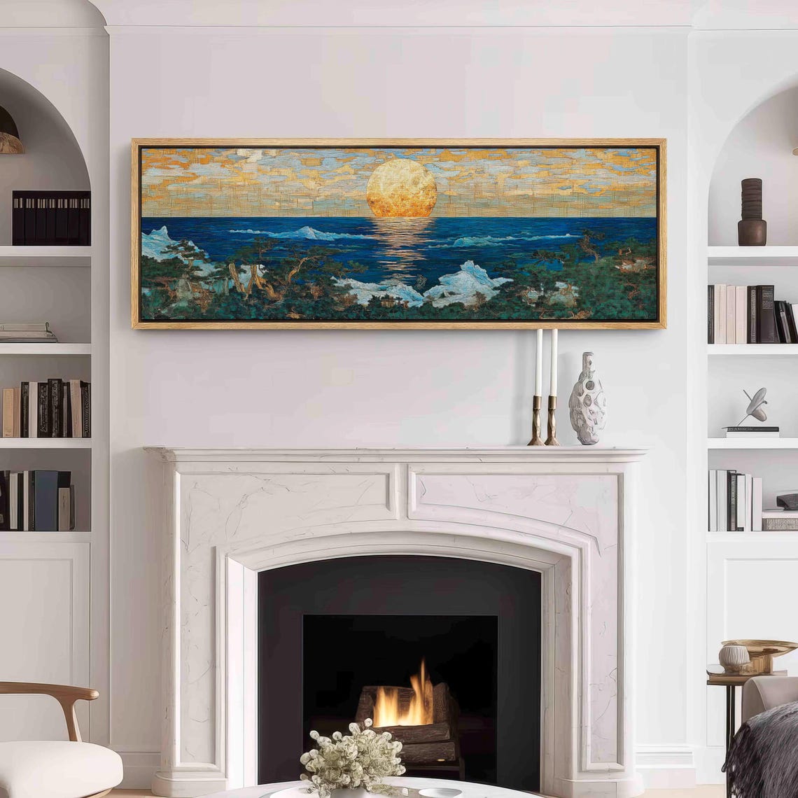 Golden Moon Rising Over Deep Blue Ocean Japanese Seascape Wall Art - Image 3