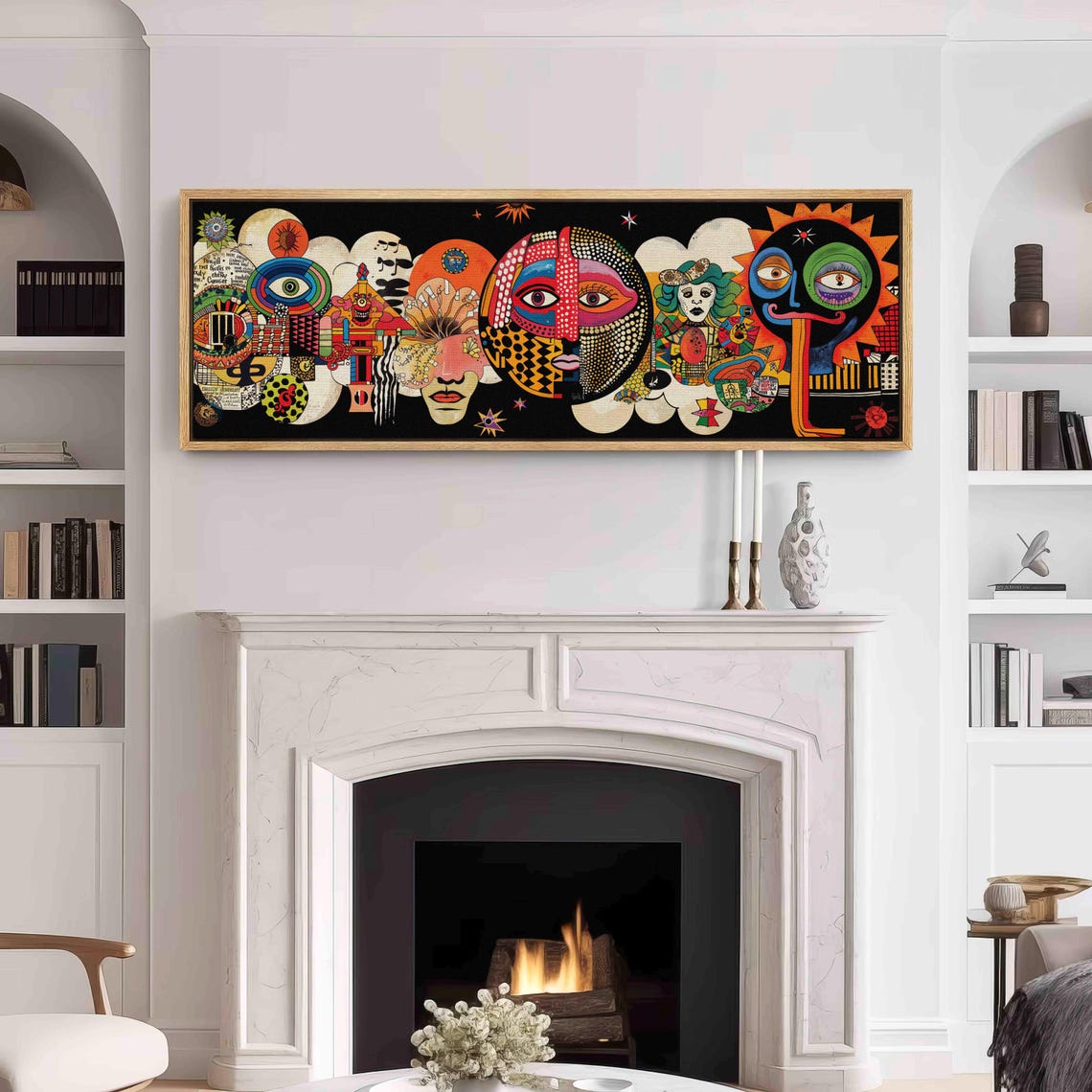 Surreal Pop Art Faces Collage Colorful Sun Eyes Black Wall Art - Image 3