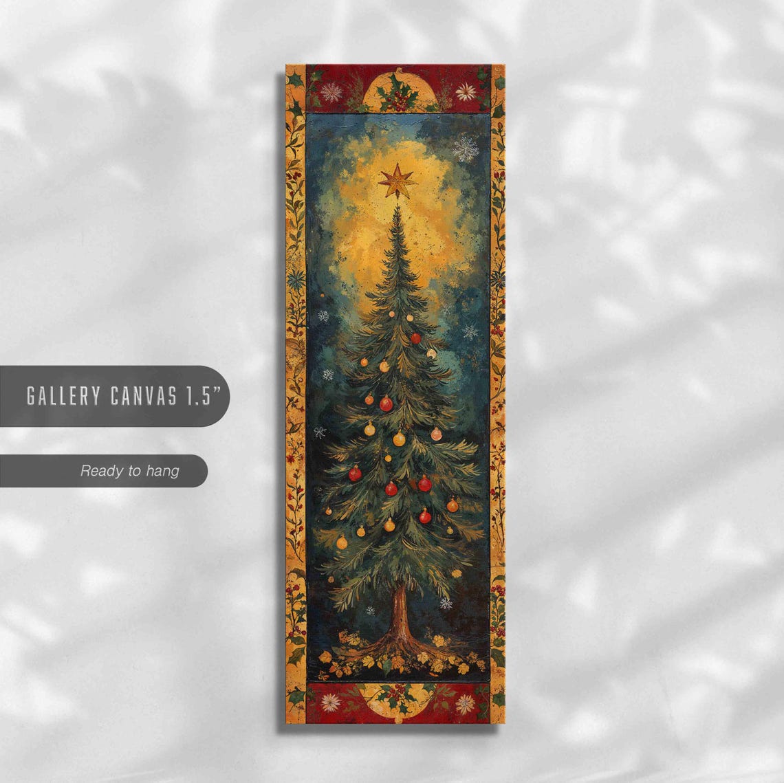 Vintage Christmas Tree Star Ornaments Ornate Border Vertical Art Print - Image 2