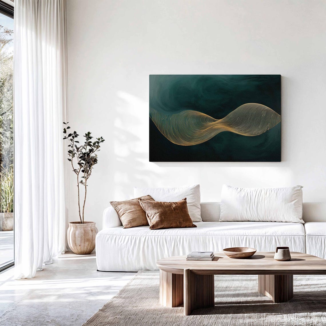 Gold Ribbon Wave Emerald Green Large Horizontal Minimalist Art Poster - Image 3