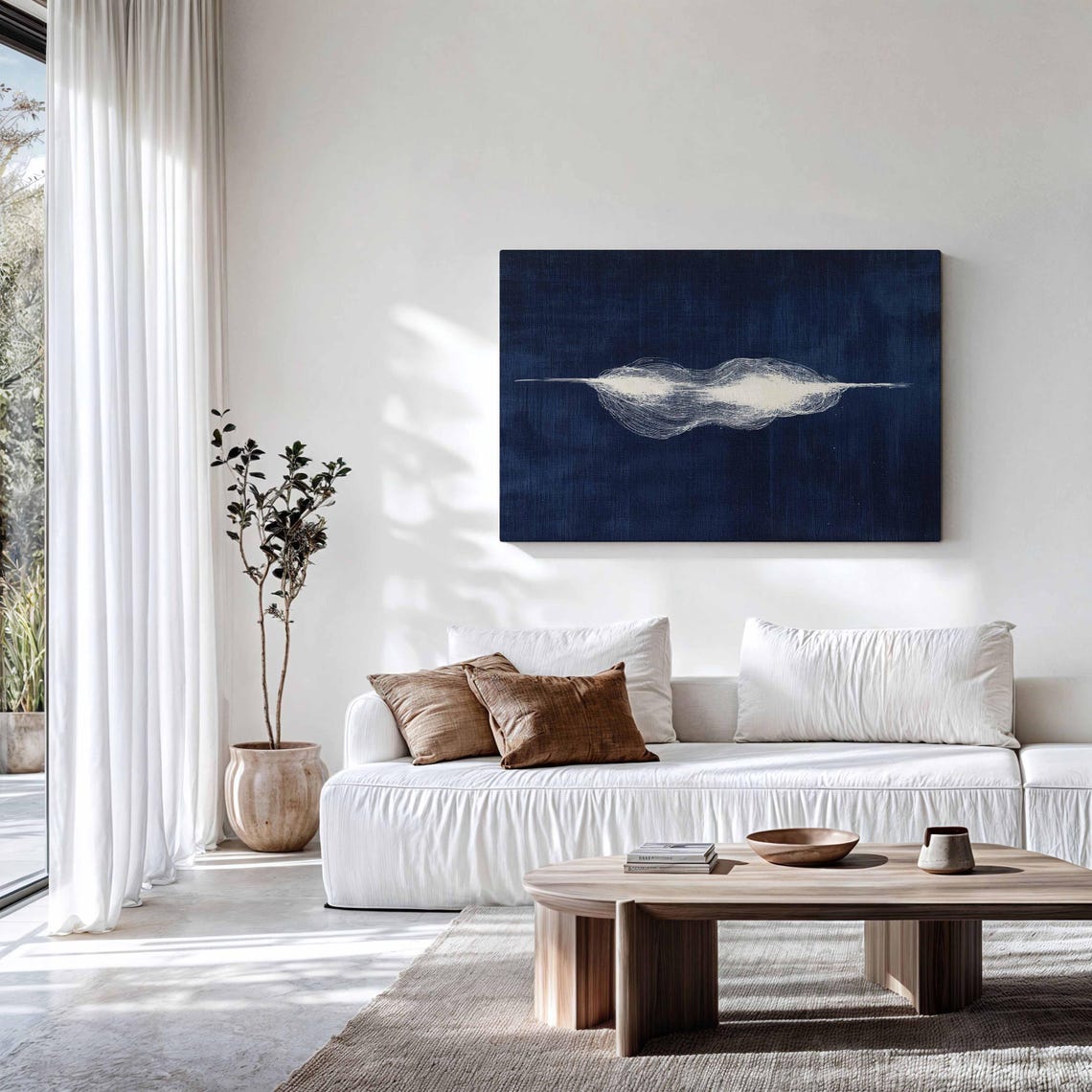 Minimalist White Cloud Burst Deep Navy Blue Abstract Art Poster - Image 3