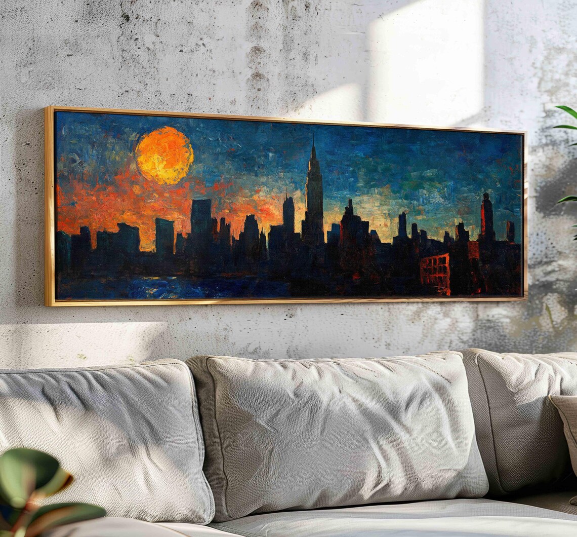 New York City Sunset Silhouette Skyline Orange Sun Travel Poster