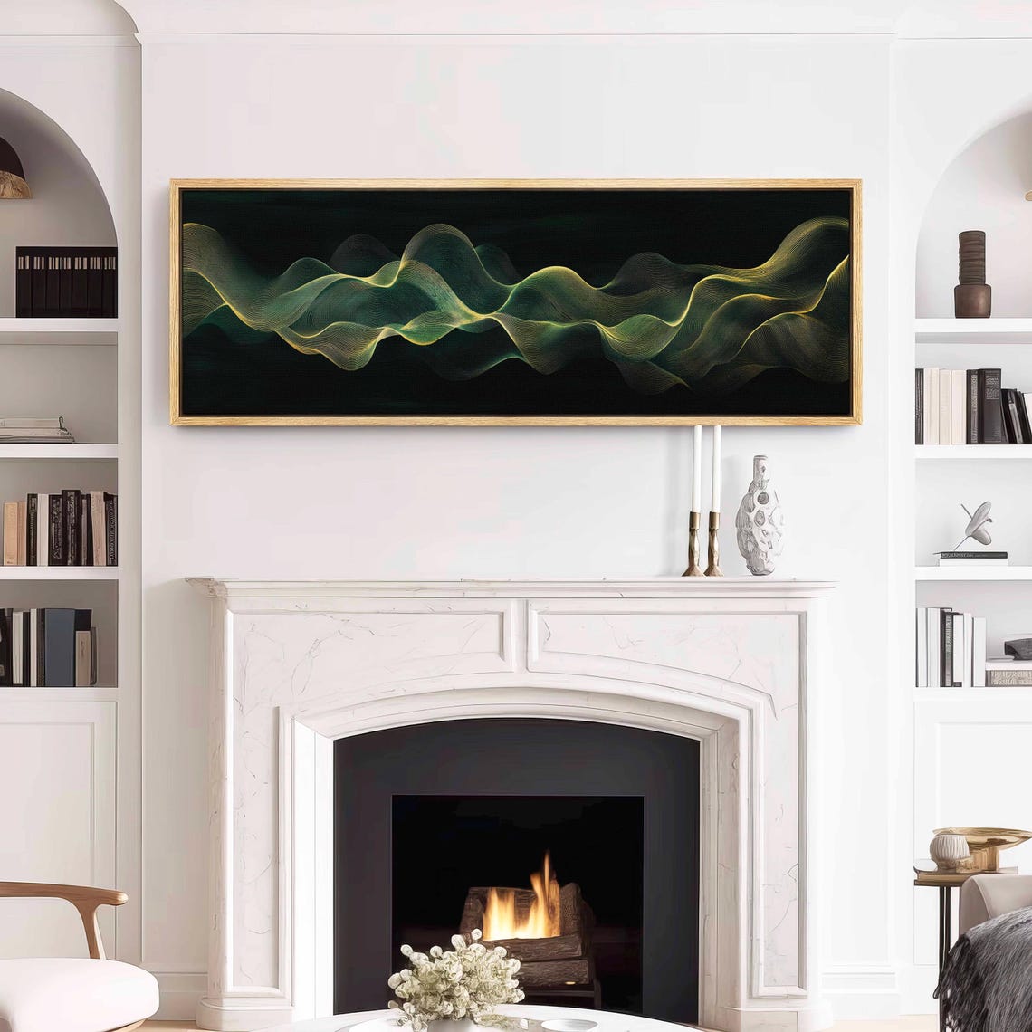 Emerald Gold Flowing Wave Panoramic Abstract Luxury Decor Print - Image 3