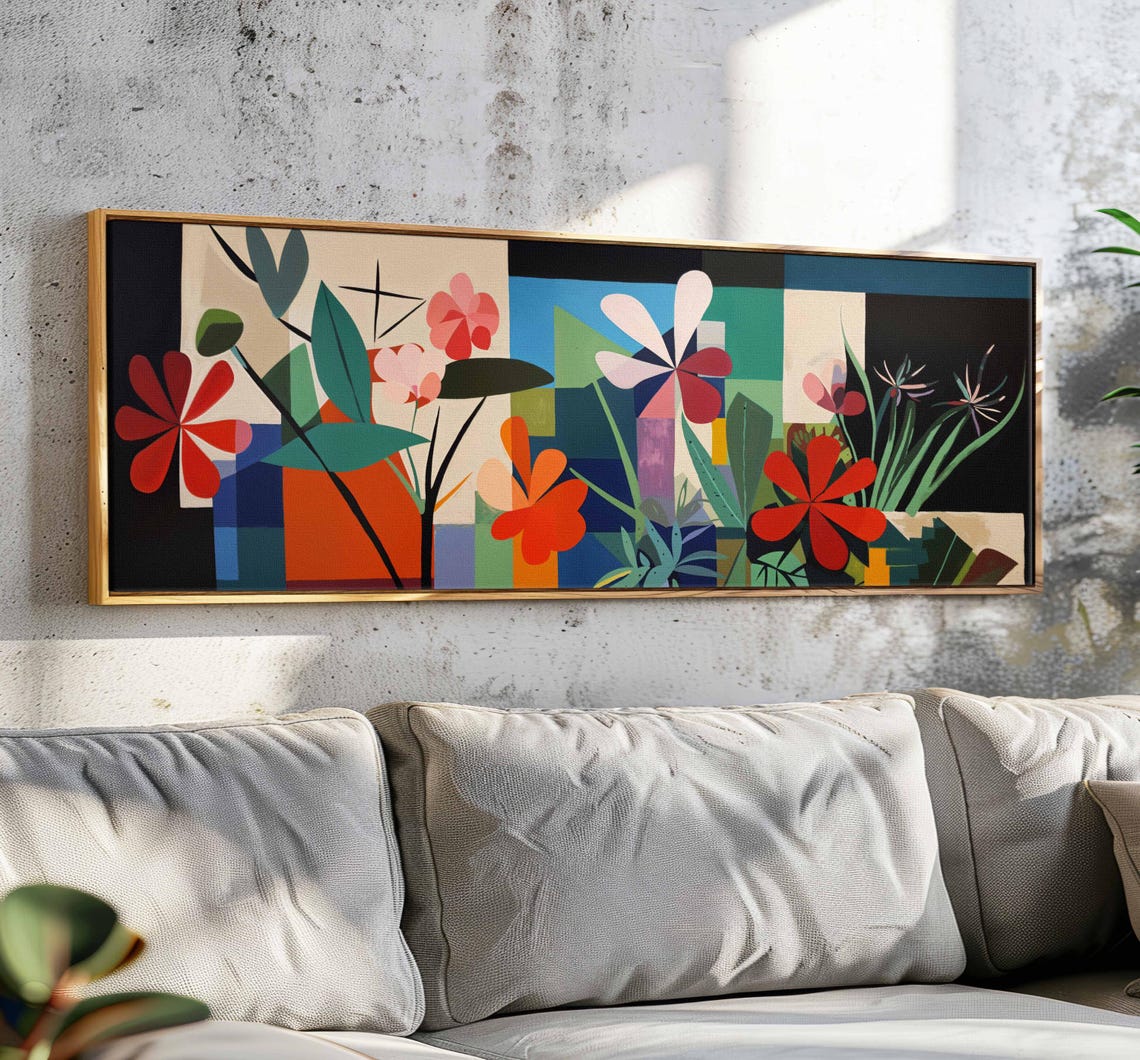 Mid Century Modern Geometric Floral Abstract Blooms Panoramic Wall Art