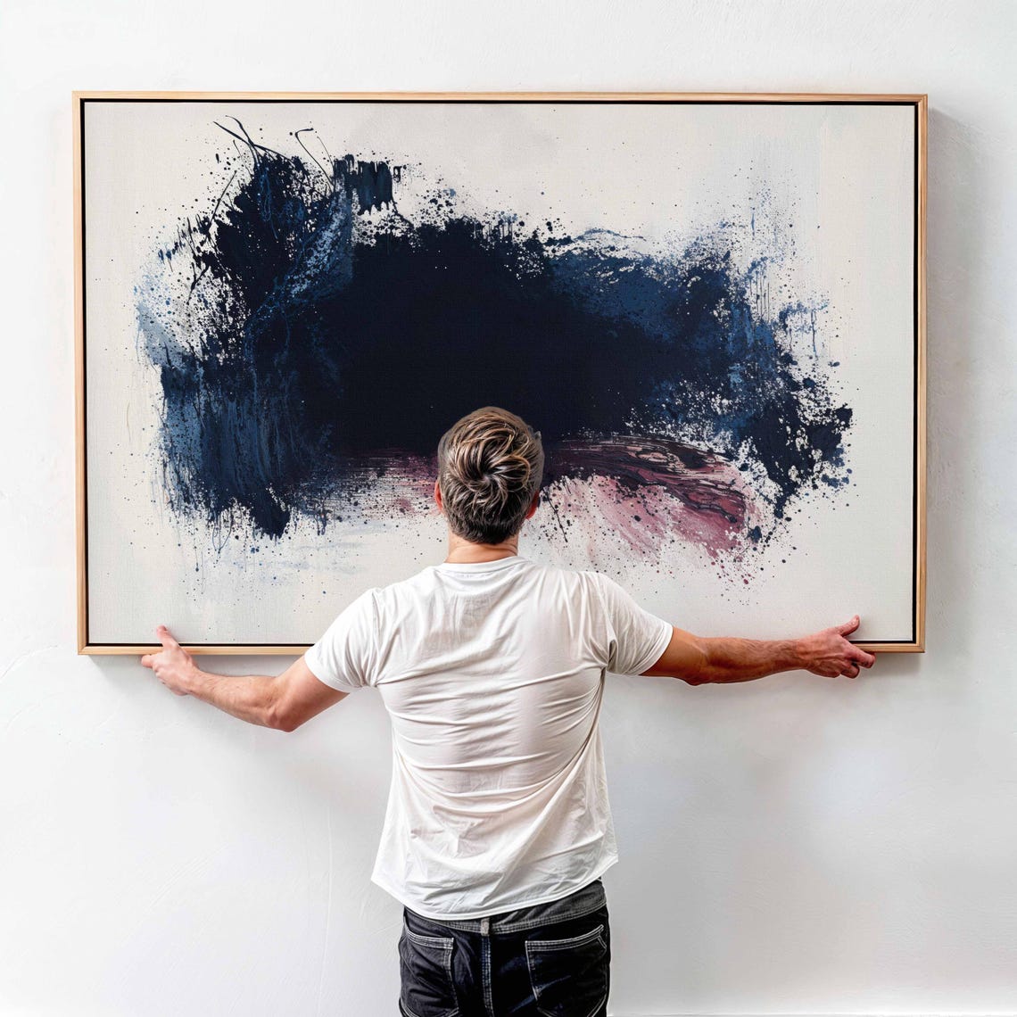Navy Blue Ink Splash Abstract With Blush Pink Accents Minimalist Print - Image 3