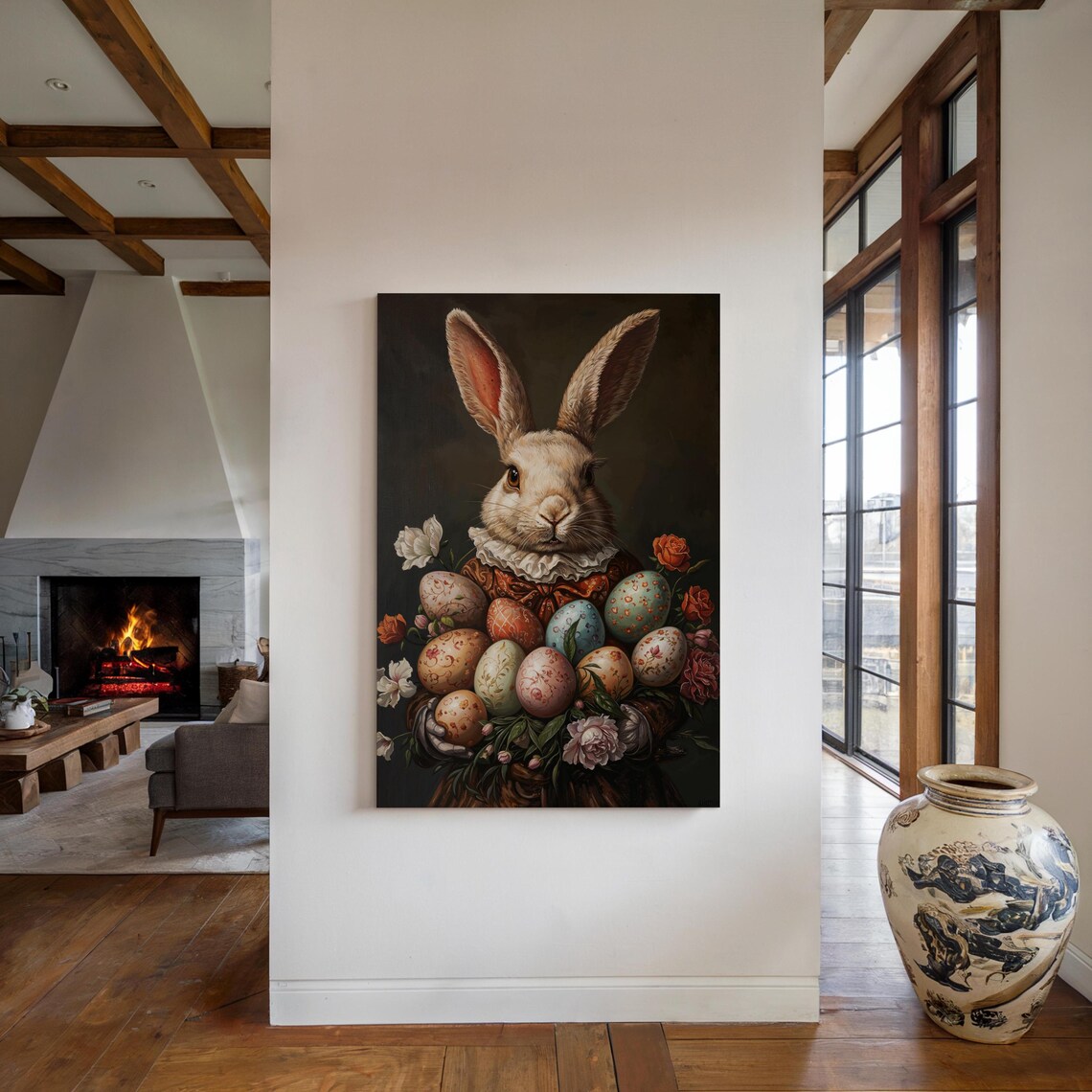Vintage Baroque Easter Bunny Portrait Decorated Eggs Oil Painting Poster