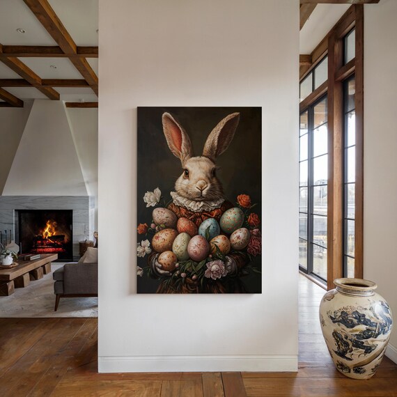Vintage Baroque Easter Bunny Portrait Decorated Eggs Oil Painting Poster