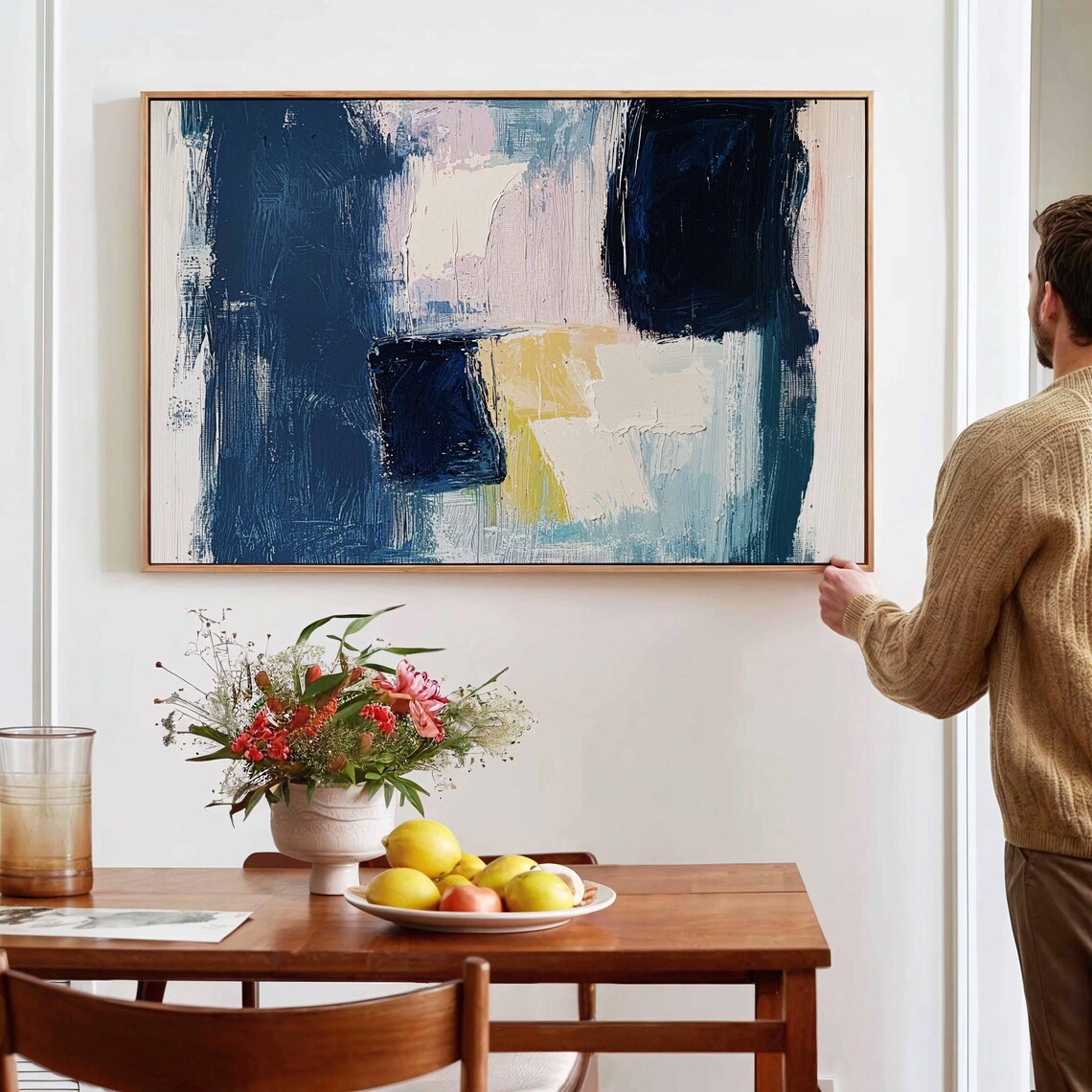 Abstract Navy Blue Cream Textured Modern Block Painting Poster